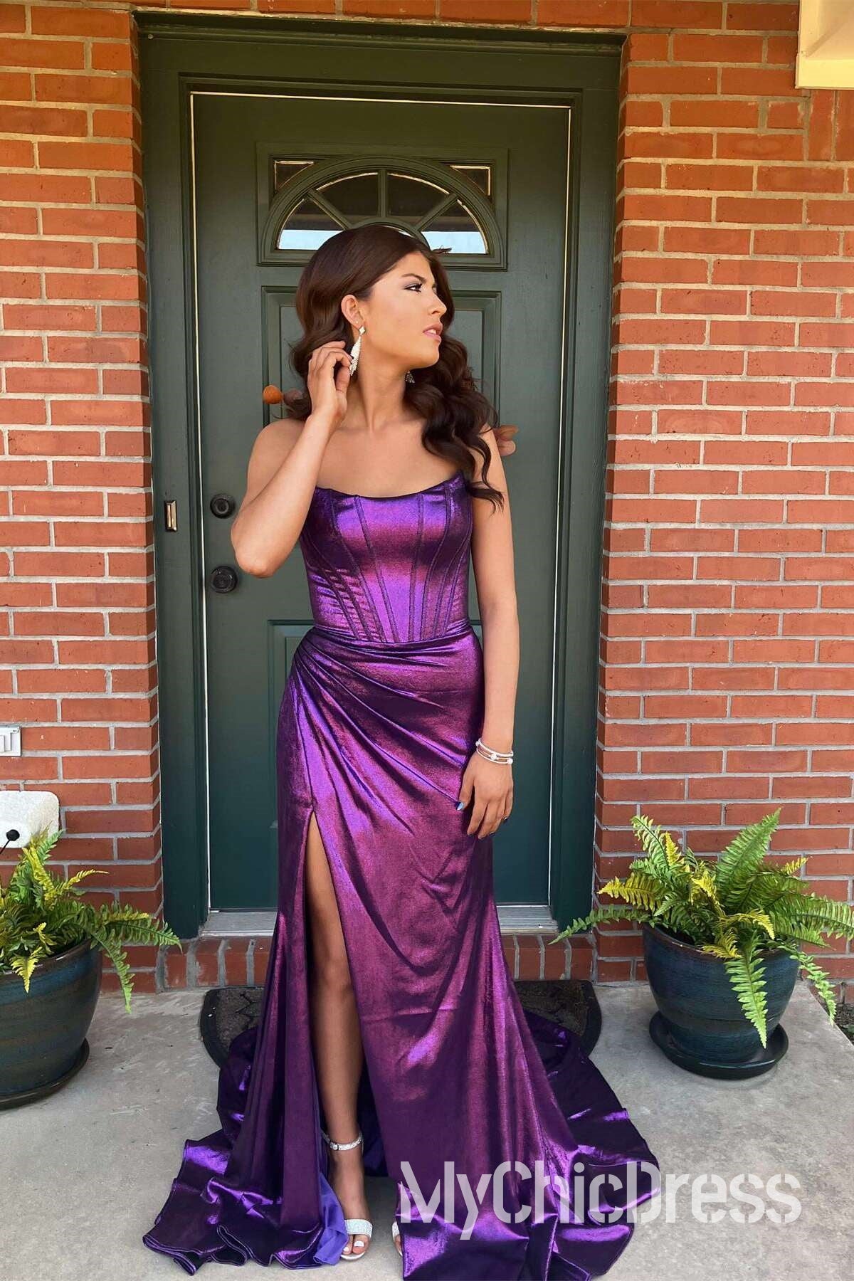 Long Metallic Prom Dress Dark Green Strapless Sheath With Split