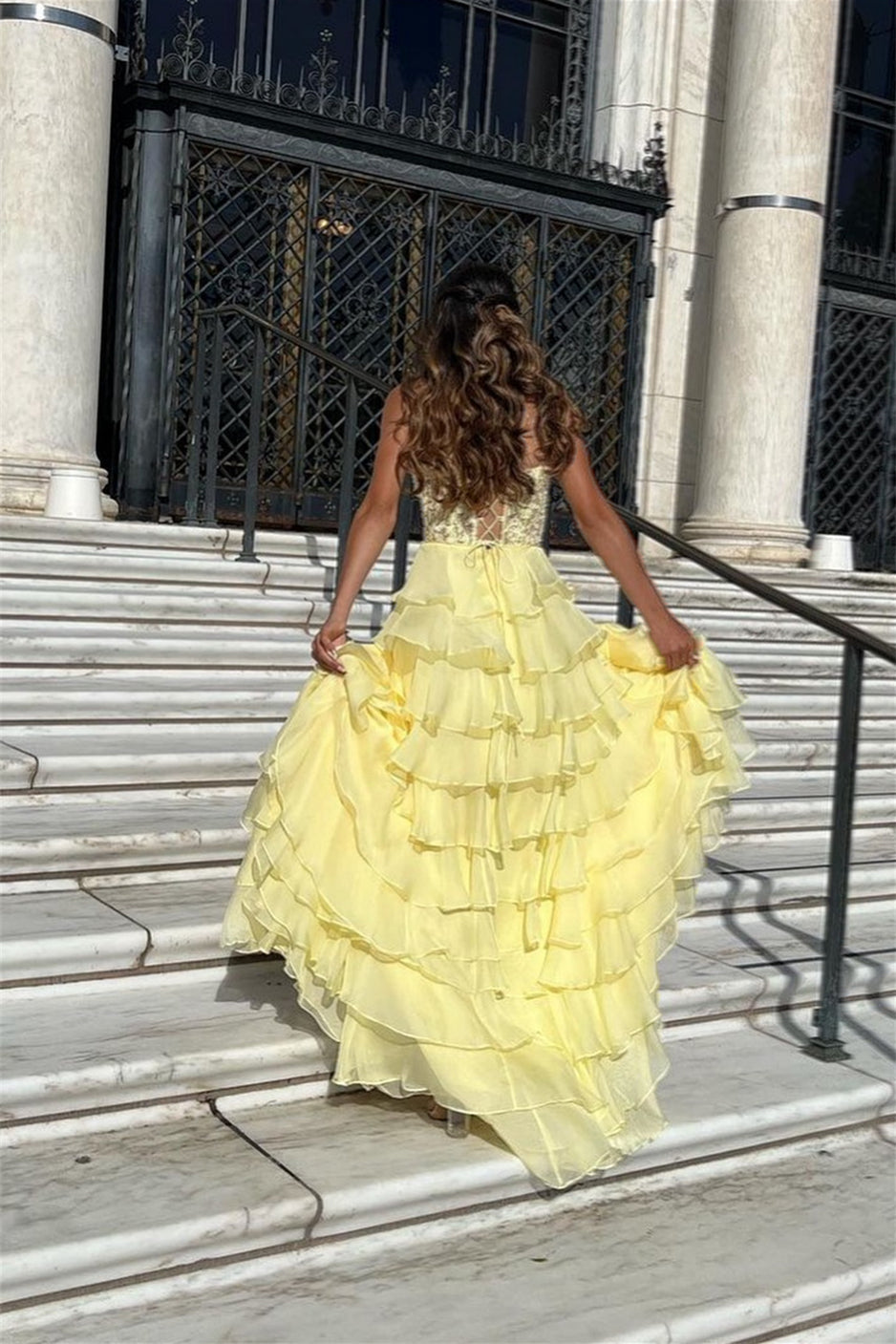 Long Tiered Pink Formal Dresses Corset Lace Prom Dress A-Line - MyChicDress