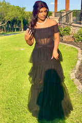 Long Navy Blue Tiered Prom Dress Tulle Off the Shoulder Formal Dress