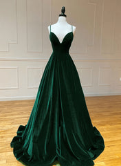 2024 Long Black Velvet Prom Dresses Spaghetti Straps V Neck Evening Party Dress