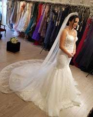 Princess Long Mermaid Lace Wedding Dresses Tulle Straps with Applique