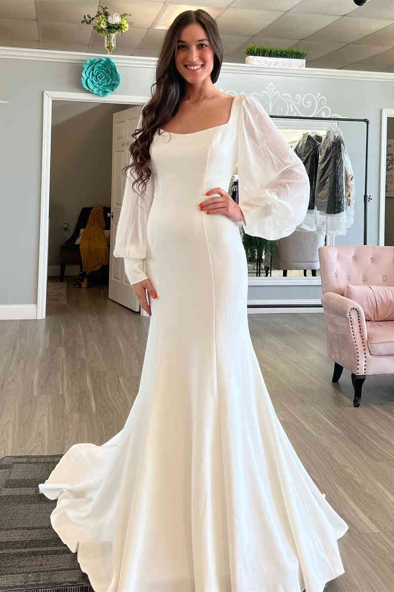 Mermaid Ivory Puffy Long Sleeves Modest Minimalist Wedding Dresses Satin US18W / Ivory Mermaid Ivory Puffy Long Sleeves Modest Minimalist Wedding Dresses Satin US18W / Ivory