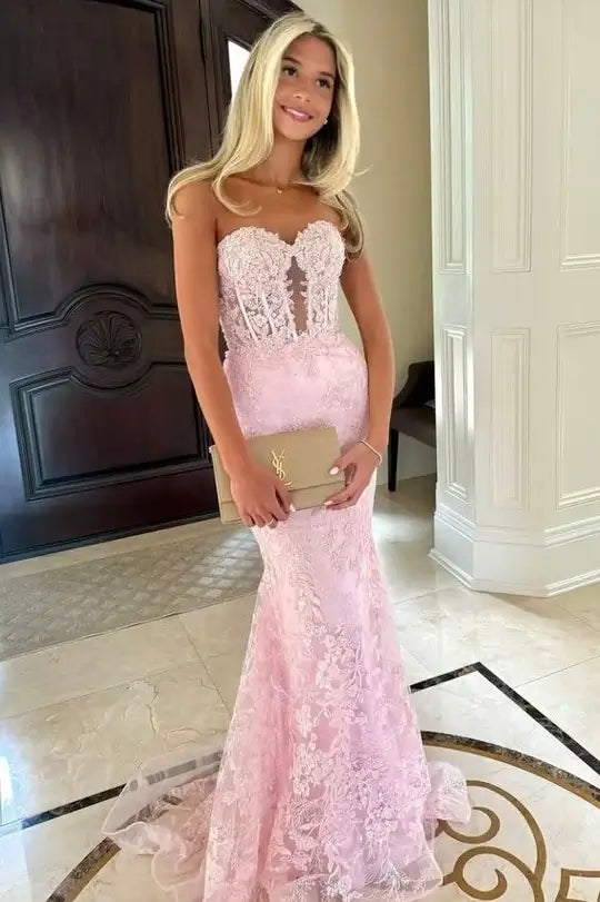 Long mermaid pink lace evening gown