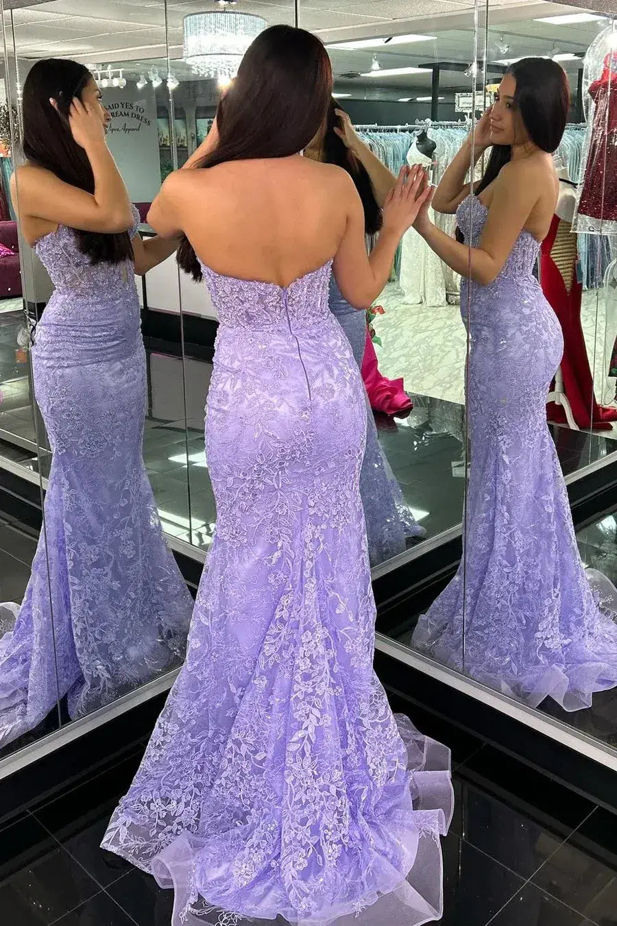 lace long strapless purple evening gown