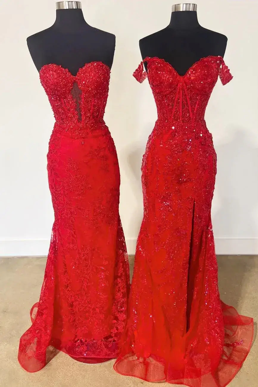 Two red lace evening gowns