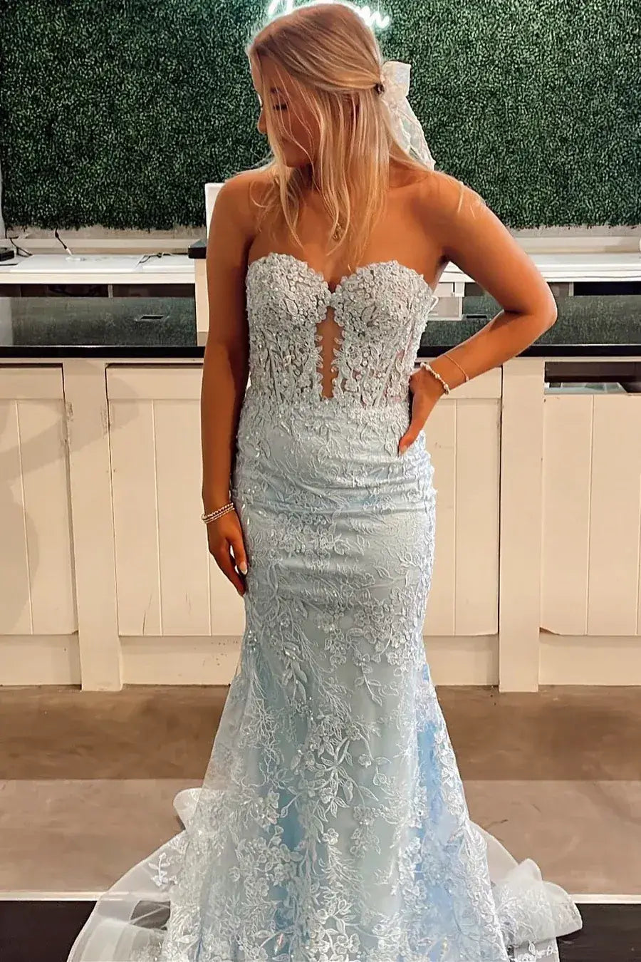 strapless lace light blue prom dress
