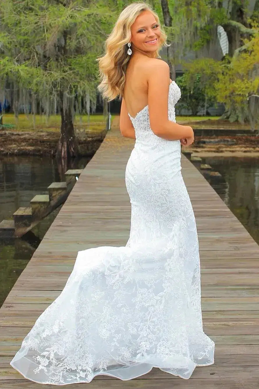  long strapless white lace evening gown