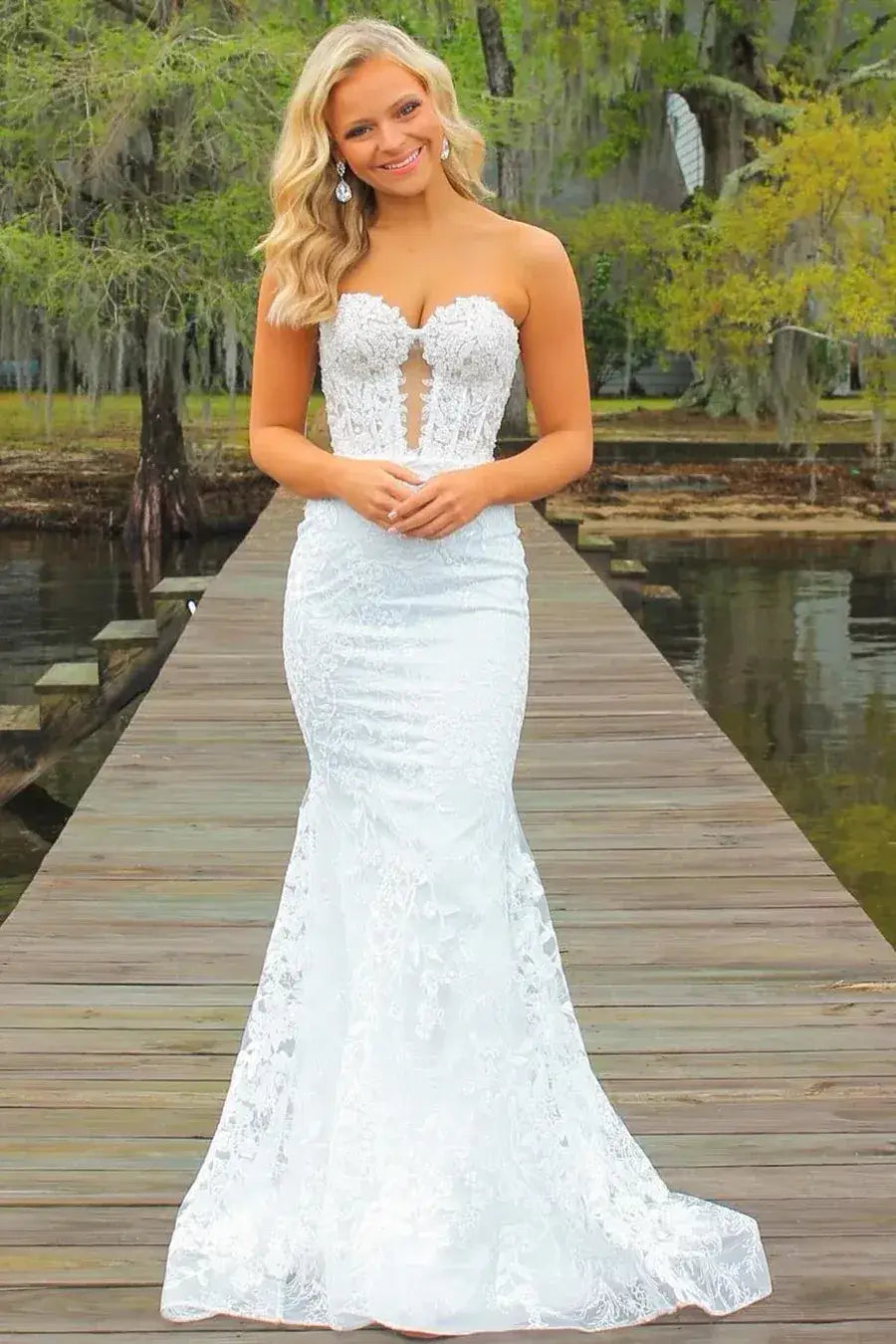  lace long strapless white evening gown