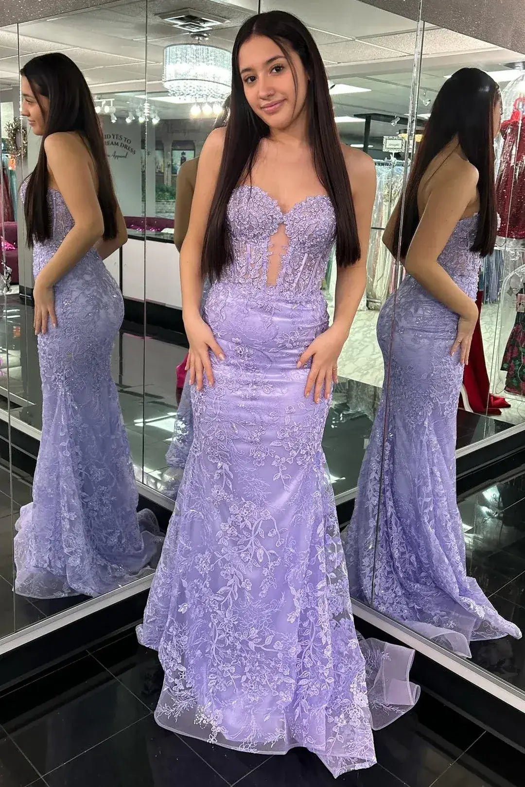  lace long strapless purple evening gown