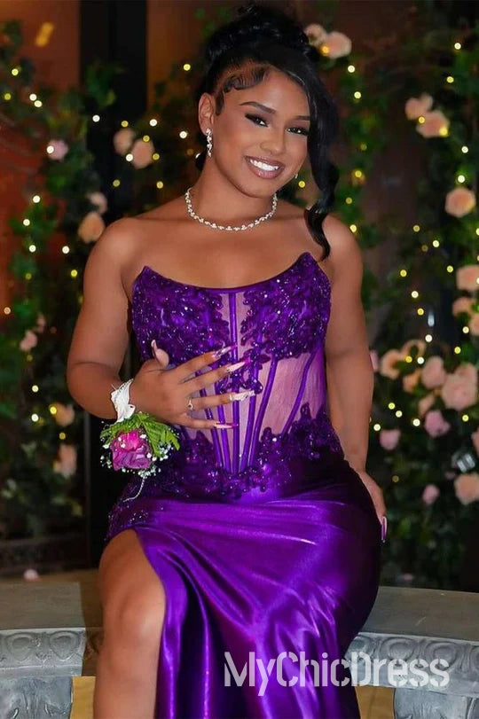 Purple Mermaid Strapless Corset Prom Dress For Black Girls Mychicdress