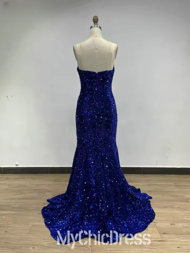 Mermaid Sweetheart Sleeveless Royal Blue Sequin Prom Dresses