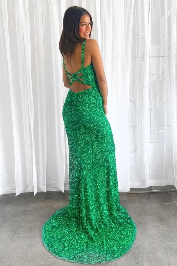 Mermaid Silver Sequin Prom Dress V-Neck Long Formal Gown Slit