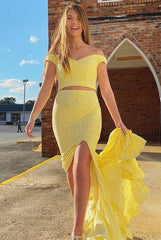 Mermaid 2 Piece Yellow Prom Dresses Cheap Off Shoulder with Split