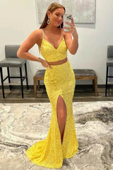 Mermaid 2 piece Sequins Prom Dress Yellow Sweetheart with Split