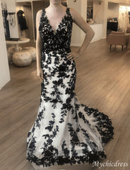 Mermaid Black White Wedding Dresses 2025 Lace Long Prom Dresses - MyChicDress