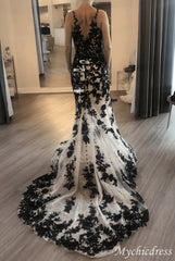 2024 Mermaid Black White Wedding Dresses Lace Long Prom Dresses