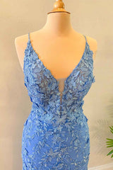 Mermaid Blue Floral Lace Prom Dress Long Evening Dress Appliques