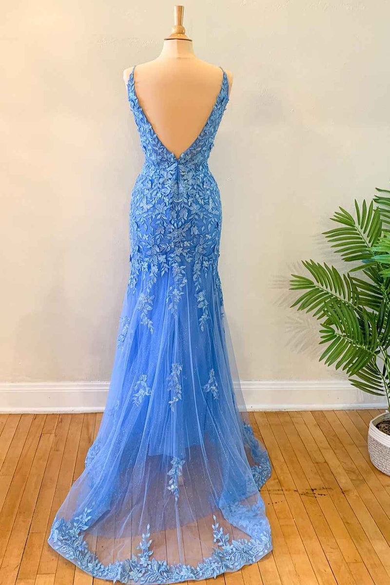 Mermaid Blue Floral Lace Prom Dress Long Evening Dress Appliques - MyChicDress