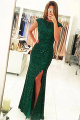 Mermaid Dark Green Sequined Prom Dress Long Winter Formal Dress Cap Sleeves - MyChicDress