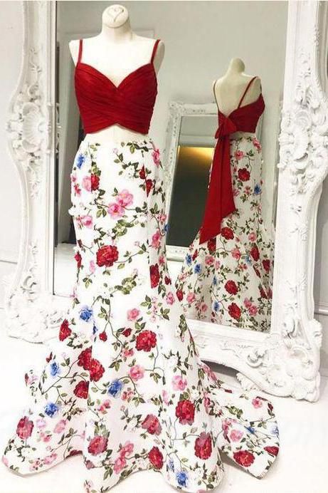 Mermaid Floral Print Red 2 Piece Prom Dresses Spaghetti Strap With Bow - MyChicDress