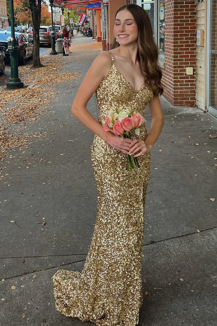 Mermaid Gold Sequin Formal Dress Long V-Neck Grad Dress Backless - MyChicDress