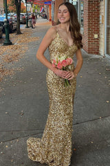 Mermaid Gold Sequin Formal Dress Long V-Neck Grad Dress Backless