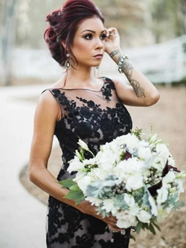 Mermaid Lace illusion neckline Black Wedding Dress Gothic Sleeveless - MyChicDress