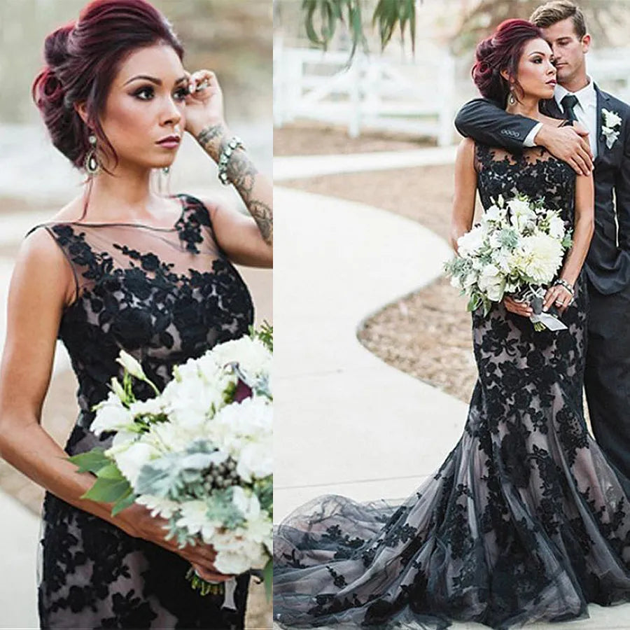 Mermaid Lace Tulle Black Wedding Dress Gothic Bateau Sleeveless - MyChicDress