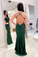Mermaid Long Prom Dresses Hunter Green Straps Formal Dress Beaded - MyChicDress