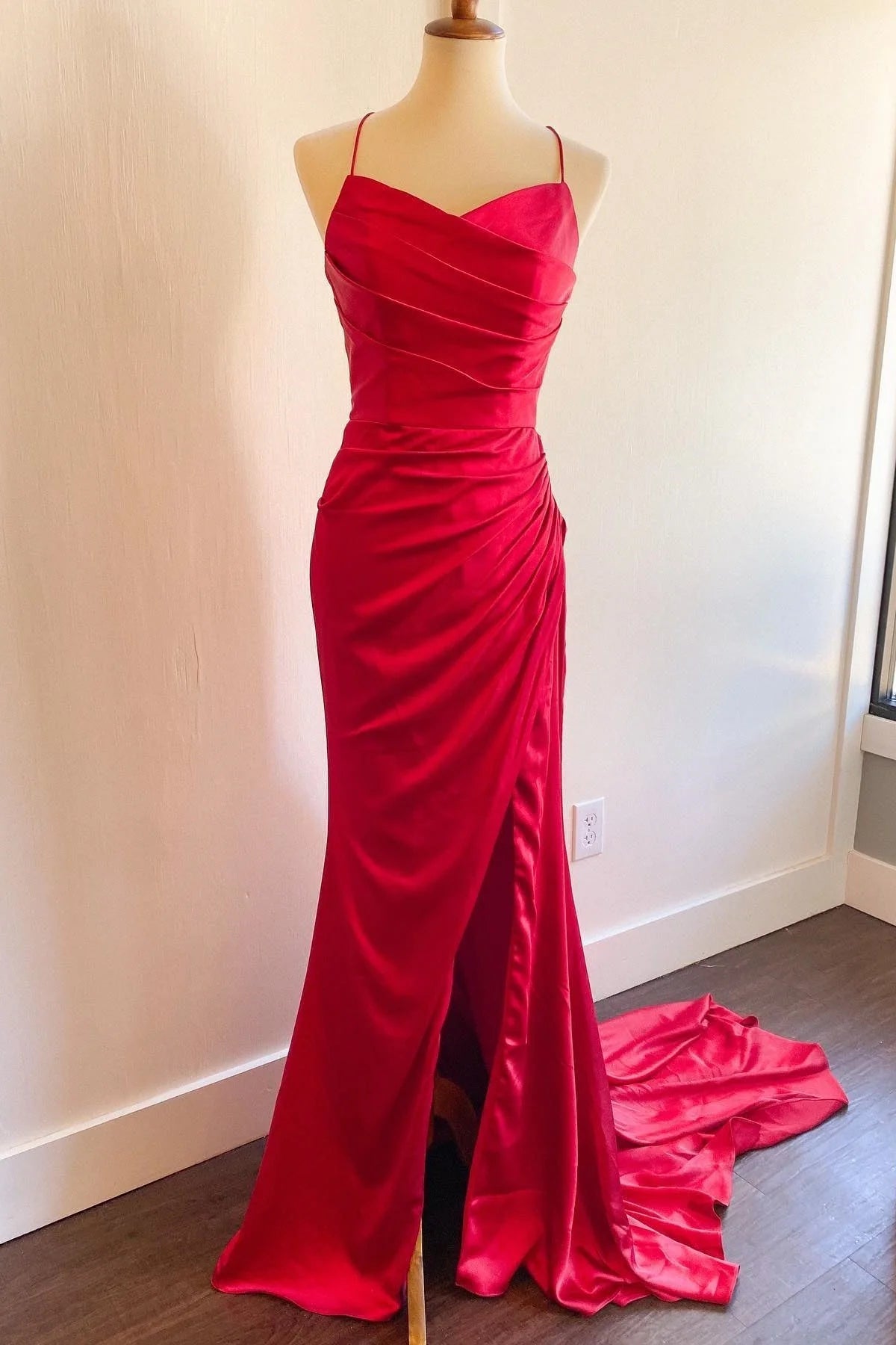Mermaid Long Red Formal Dresses Ruched Satin for Wedding Guests - MyChicDress