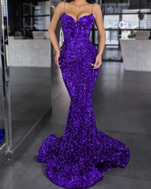 Mermaid Purple Sequin Prom Dress V Neck Formal Gown Spaghetti Strap - MyChicDress
