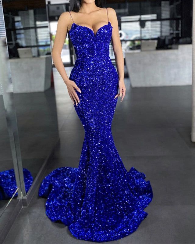 Mermaid Purple Sequin Prom Dress V Neck Formal Gown Spaghetti Strap - MyChicDress