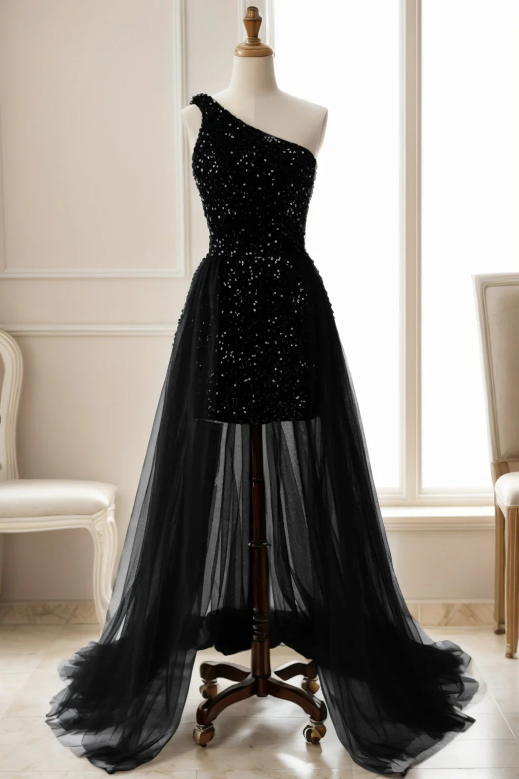 Mermaid Sequined Black Hoco Dresses One Shoulder Prom Dress – MyChicDress