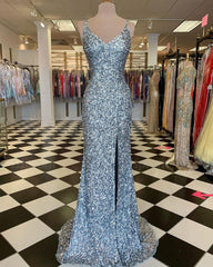 Mermaid Silver Sequin Prom Dress V-Neck Long Formal Gown Slit