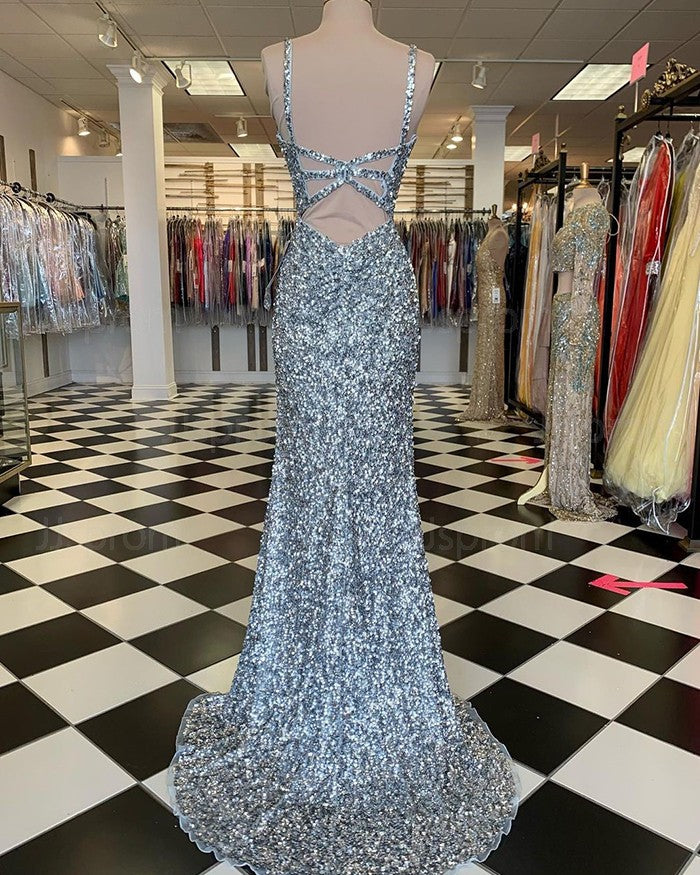 Mermaid Silver Sequin Prom Dress V-Neck Long Formal Gown Slit - MyChicDress