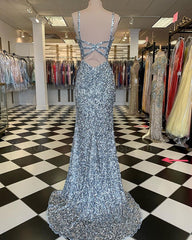 Mermaid Silver Sequin Prom Dress V-Neck Long Formal Gown Slit