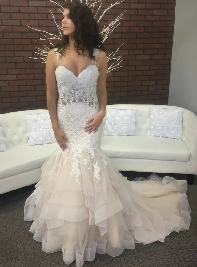 Mermaid Straps Tiered Champagne Wedding Dress Tulle Lace Appliques - MyChicDress