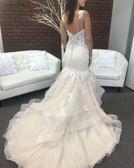 Mermaid Straps Tiered Champagne Wedding Dress Tulle Lace Appliques - MyChicDress