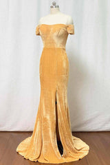 Mermaid Velvet Bridesmaid Dress Off Shoulder Gold Wedding Formal Dress