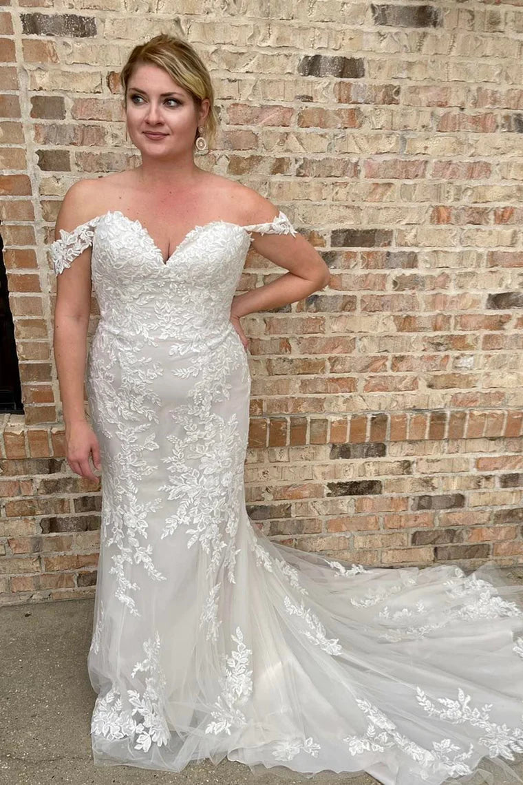 Mermaid White Off-the-Shoulder Wedding Dress Appliques - MyChicDress