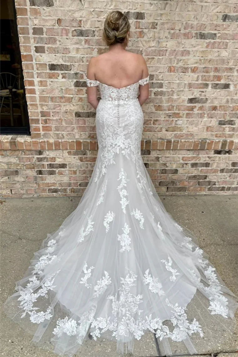 Mermaid White Off-the-Shoulder Wedding Dress Appliques - MyChicDress