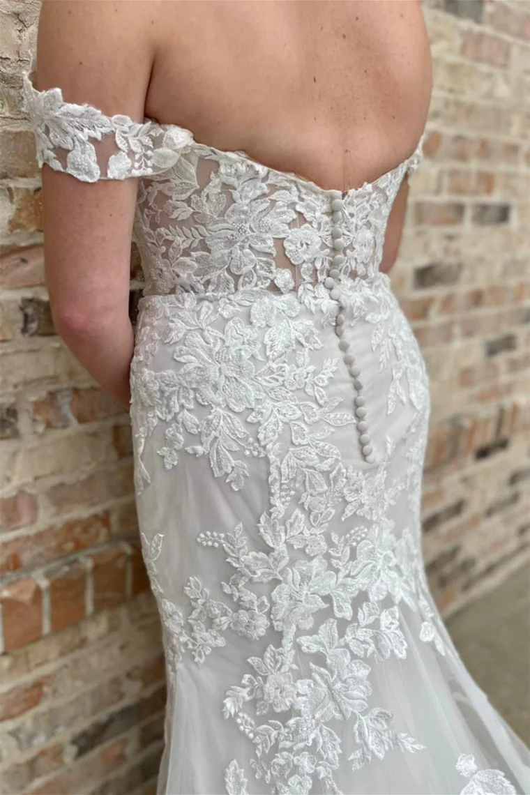 Mermaid White Off-the-Shoulder Wedding Dress Appliques - MyChicDress