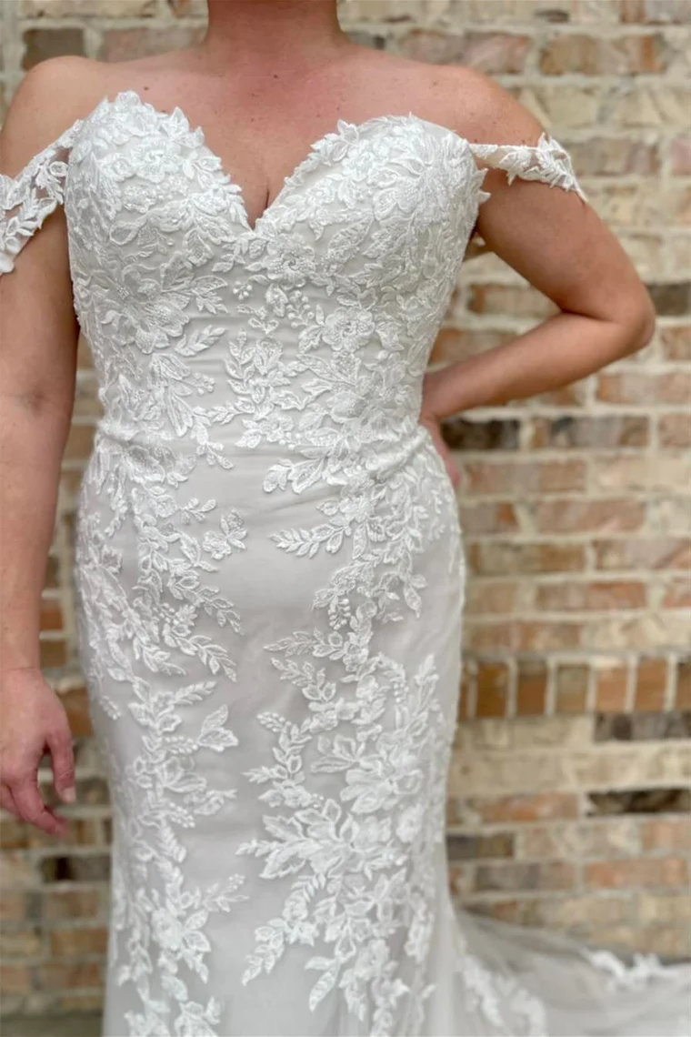 Mermaid White Off-the-Shoulder Wedding Dress Appliques - MyChicDress
