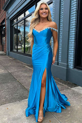 Mermaid Beaded Off the Shoulder blue Prom Formal Dress with Slit Mychicdress