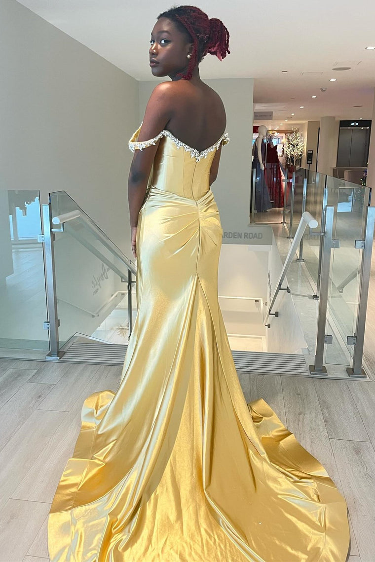 Mermaid Beaded Off the Shoulder Purple Prom Formal Dress with Slit