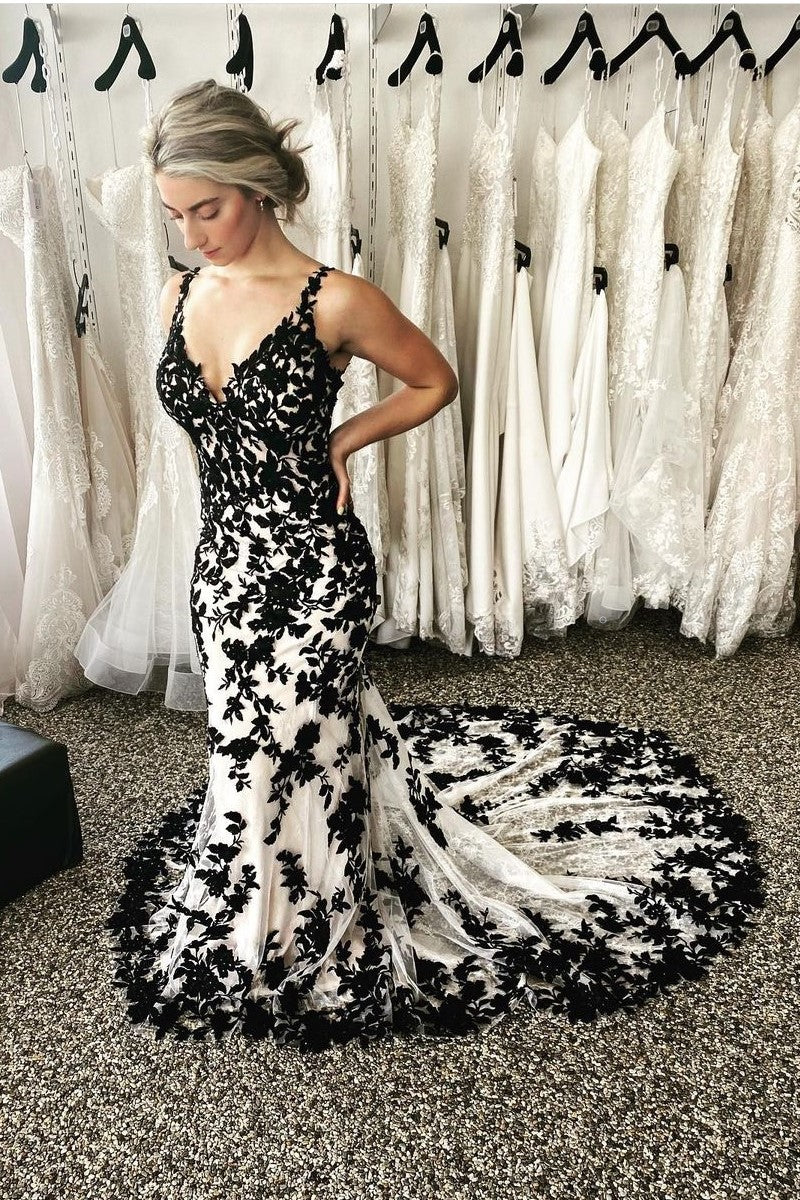 mermaid black and white wedding dresses Gothic Black Lace Flower Mermaid Wedding Dress With Illusion Detachable Sleeves