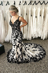 Mermaid Black White Wedding Dresses 2025 Lace Long Prom Dresses - MyChicDress