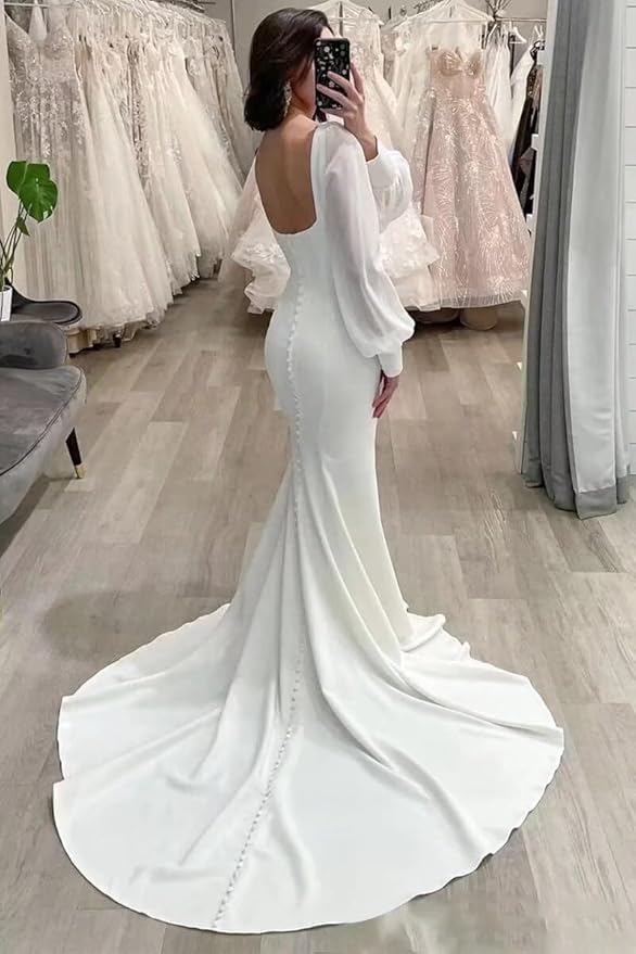 Mermaid Ivory Puffy Long Sleeves Minimalist Wedding Dresses Satin - MyChicDress