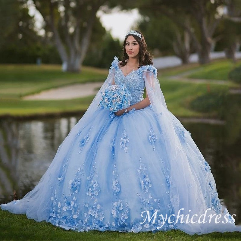 Mexican Sky Blue Quinceanera Dresses 3D Flower Appliques With Cape - MyChicDress