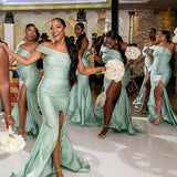 Mint Green One Shoulder Bridesmaid Dresses Maxi Long Wedding Party Dress Side Slit 